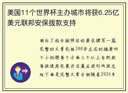 美国11个世界杯主办城市将获6.25亿美元联邦安保拨款支持