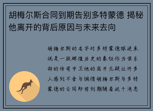 胡梅尔斯合同到期告别多特蒙德 揭秘他离开的背后原因与未来去向